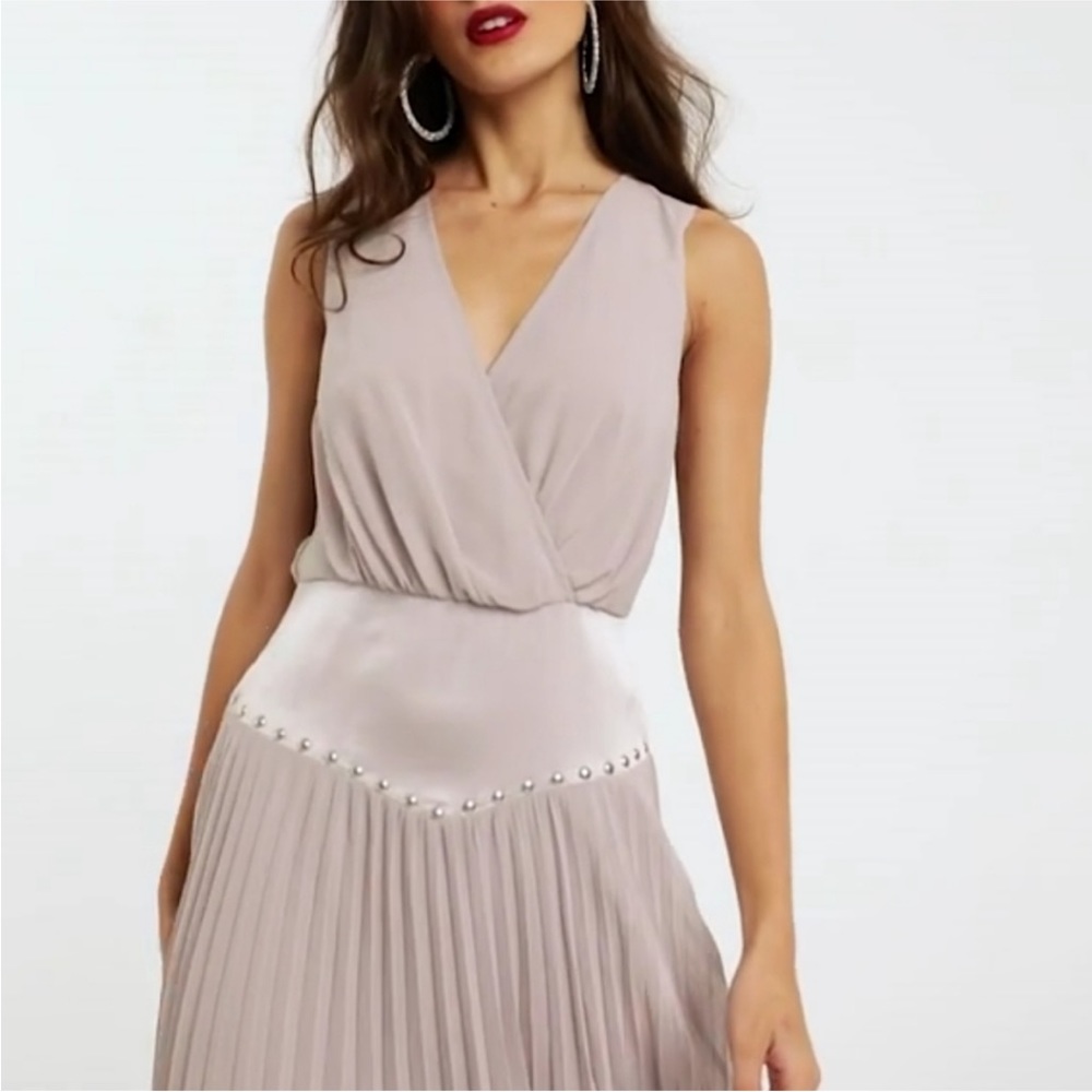 ASOS DESIGN Drop Waist Stud Detail Pleat Midi Dress - Size 6 - Picture 3 of 11